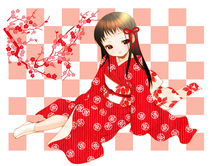 inuburo, original, 1girl, ankle socks, checkered background, female focus, full body, hair ribbon, japanese clothes, kimono, obi, red theme, ribbon, sash, socks, solo, tabi