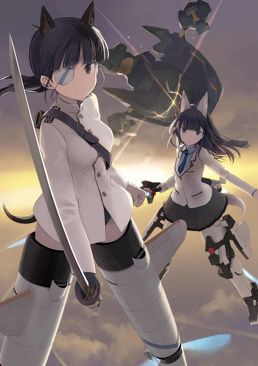 shimada fumikane, agatsuma kei, sakamoto mio, alice gear aegis, strike witches, world witches series, highres, 2girls, animal ears, black eyes, black hair, black skirt, breasts, cloud, crossover, dog ears, dog girl, dog tail, eyepatch, flying, fox ears, fox girl, fox tail, holding, holding sword, holding weapon, jacket, katana, long hair, looking at viewer, medium breasts, military, military uniform, multiple girls, necktie, scabbard, sheath, shoes, skirt, smile, striker unit, sword, tail, weapon, white jacket