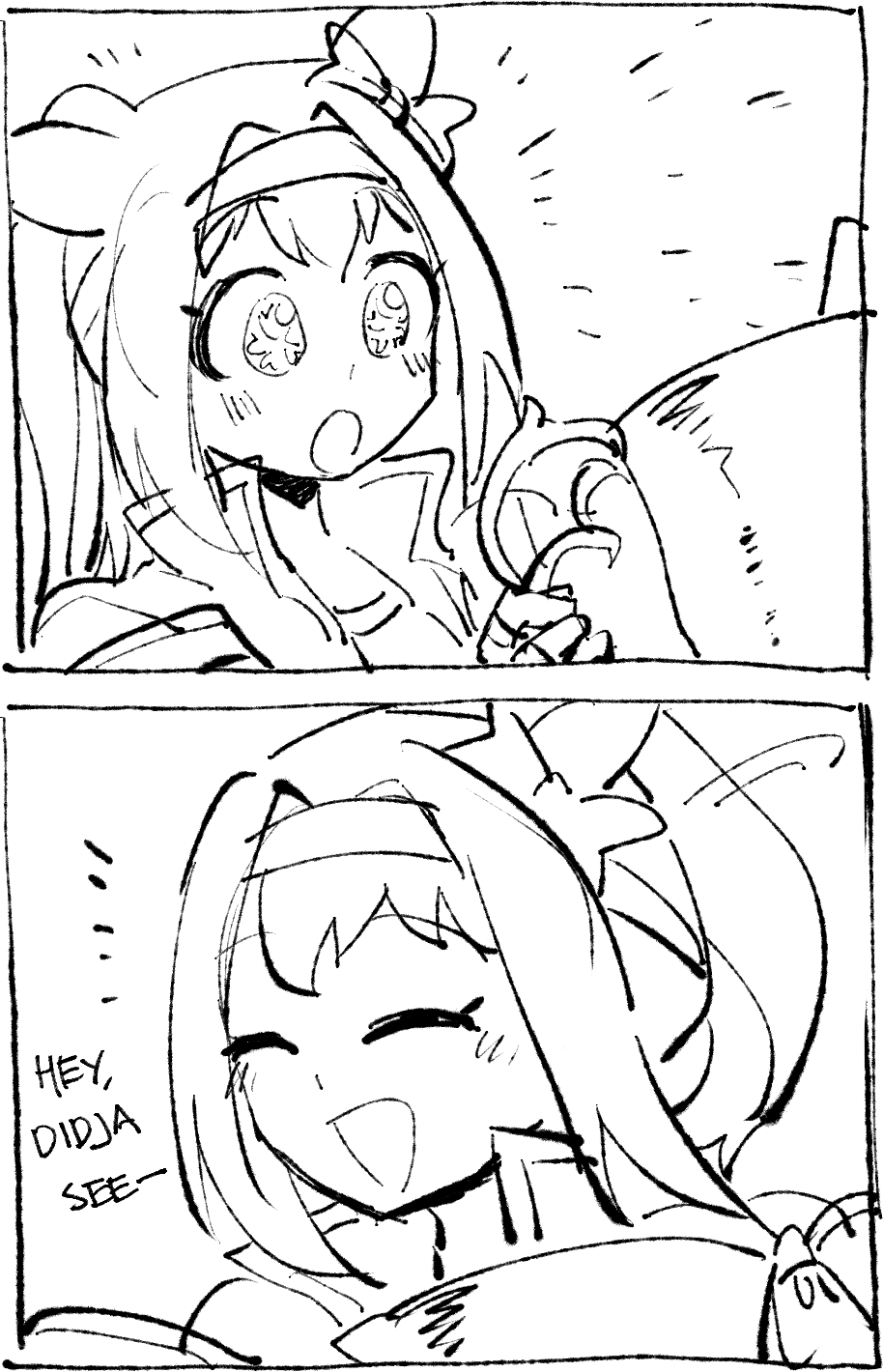 kaibootsu, haru urara (umamusume), umamusume, highres, 1girl, 1other, animal ears, closed eyes, english text, flower in eye, greyscale, hairband, headband, holding, holding trophy, horse ears, horse girl, jacket, long hair, monochrome, open clothes, open jacket, open mouth, ponytail, shirt, smile, solo focus, symbol in eye, trophy, upper body