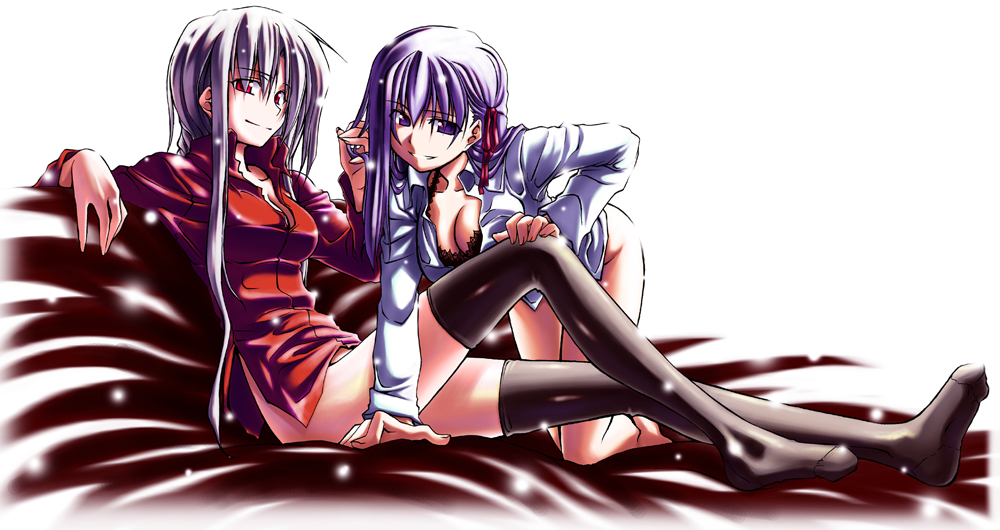 himura kiseki, archerko (himura kiseki), matou sakura, fate/stay night, fate (series), 00s, 2girls, black thighhighs, bottomless, bra, feet, hair ribbon, lingerie, long hair, multiple girls, naughty face, no panties, open clothes, open shirt, purple eyes, purple hair, red eyes, ribbon, shirt, thighhighs, underwear, white hair