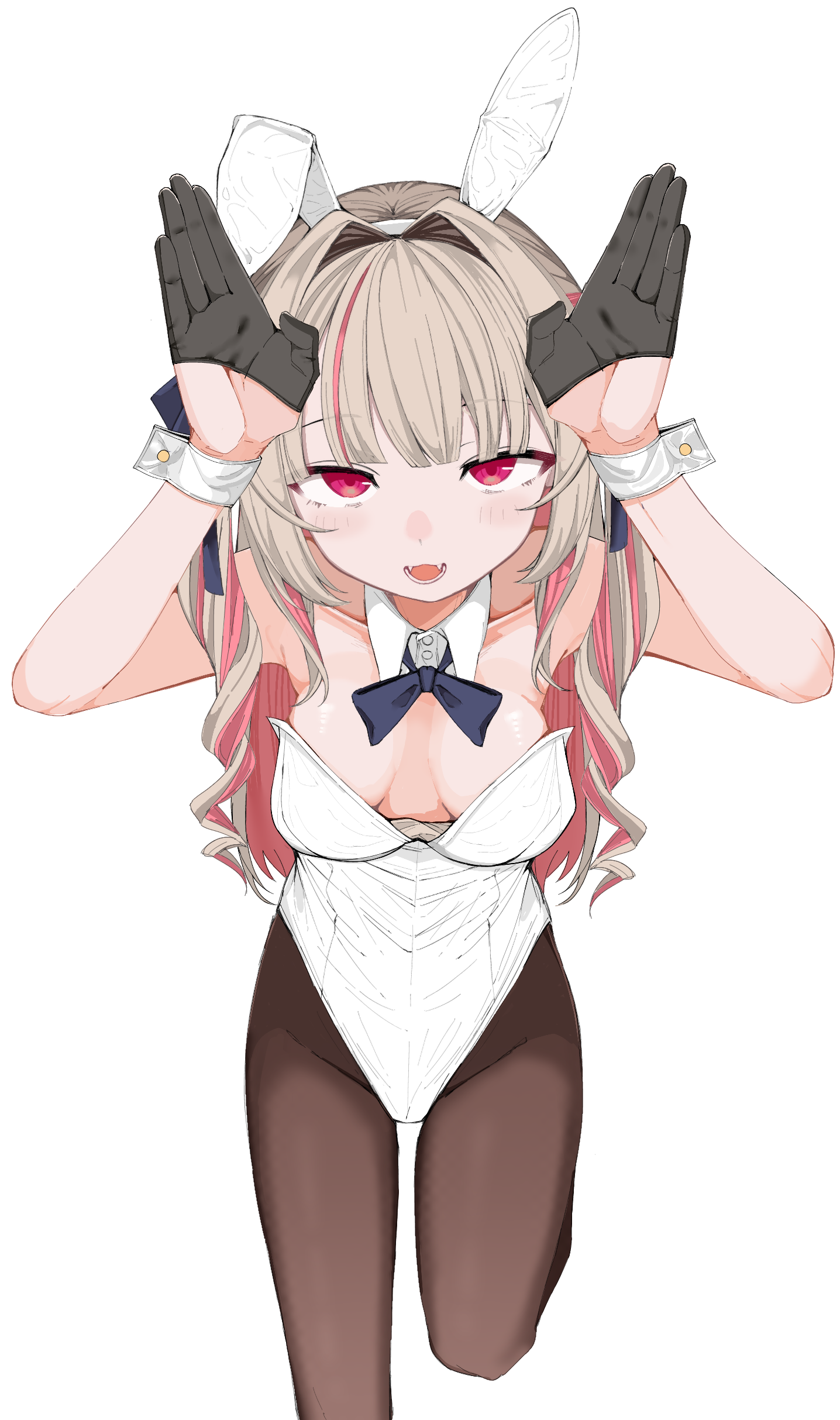 mushoku loli, makaino ririmu, nijisanji, absurdres, highres, 1girl, :d, alternate costume, animal ear hairband, animal ears, black gloves, blue bow, blue bowtie, blue ribbon, blunt bangs, blush, bow, bowtie, breasts, breasts apart, brown pantyhose, collar, collarbone, colored inner hair, cowboy shot, detached collar, drill hair, fake animal ears, fangs, gloves, grey hair, hair intakes, hair ribbon, hairband, half gloves, hanging breasts, highleg, highleg leotard, leaning forward, leotard, long hair, looking at viewer, multicolored hair, open mouth, oversized breast cup, pantyhose, pink hair, playboy bunny, rabbit ear hairband, rabbit ears, rabbit pose, red eyes, ribbon, sidelocks, simple background, small breasts, smile, solo, strapless, strapless leotard, streaked hair, two side up, upturned eyes, virtual youtuber, white background, white collar, white hairband, white leotard, white wrist cuffs, wrist cuffs