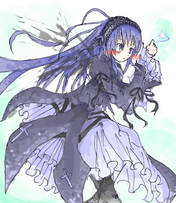 suigintou, rozen maiden, looking away, lowres, 00s, 1girl, blue eyes, blue hair, blush stickers, cross, dress, feathers, female focus, frills, hairband, latin cross, long hair, lying, matching hair/eyes, ribbon, solo, very long hair, wide sleeves