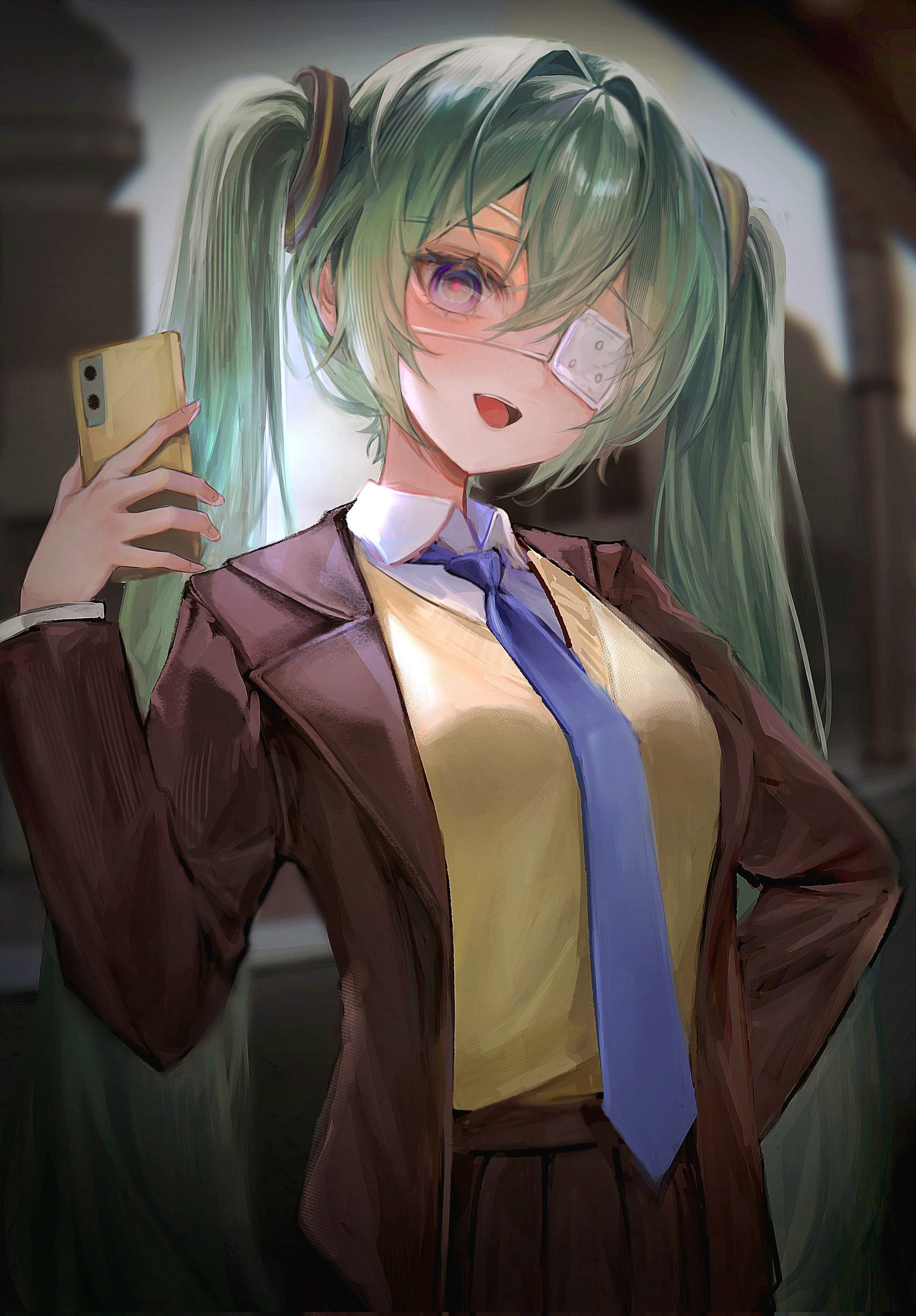 hatsune miku, monitoring (vocaloid), vocaloid, hashtag-only commentary, highres, 1girl, black skirt, blazer, blue eyes, blue necktie, blurry, blurry background, blush, breasts, brown jacket, cellphone, collared shirt, dark, double-parted bangs, eyepatch, fingernails, green hair, hair between eyes, hair intakes, hair ornament, hand on own hip, hand up, holding, holding phone, jacket, long hair, long sleeves, looking at another, looking at viewer, medical eyepatch, medium breasts, multicolored eyes, n kiring, necktie, one eye covered, open clothes, open jacket, open mouth, phone, pleated skirt, purple eyes, ringed eyes, school uniform, shirt, shirt tucked in, sidelocks, skirt, smartphone, smile, solo, standing, sweater tucked in, sweater vest, teeth, tongue, twintails, two-tone eyes, upper body, upper teeth only, very long hair, vest, white shirt, yellow vest