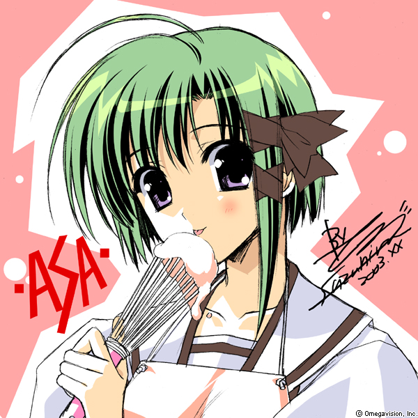 suzuhira hiro, shigure asa, shuffle!, 00s, apron, pink background, school uniform, serafuku, signature, simple background, solo, whisk