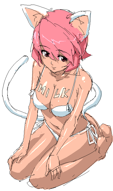 onija tarou, vrco, original, 1girl, animal ears, bikini, borrowed character, cat ears, cat tail, female focus, oekaki, side-tie bikini bottom, sketch, solo, swimsuit, tail, white bikini