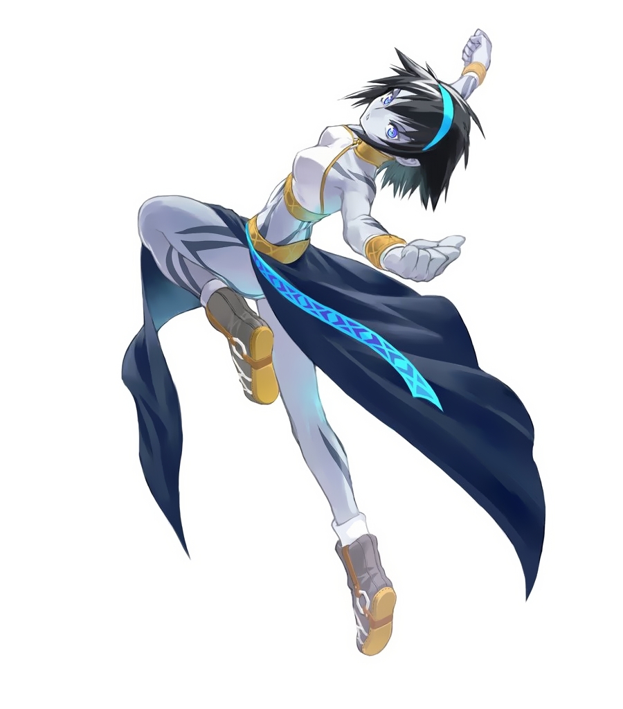 fujishima kousuke, celsius, celsius (tales), tales of (series), tales of symphonia, official art, 00s, 1girl, backless outfit, bare arms, bare legs, bare shoulders, black hair, black sarong, blue eyes, blue hairband, blue skin, clenched hands, collar, colored skin, female focus, fighting stance, full body, grey skin, hairband, leg up, legs, looking at viewer, looking back, midriff, outstretched arms, sarong, serious, shoes, short hair, simple background, solo, tattoo, white background, wristband