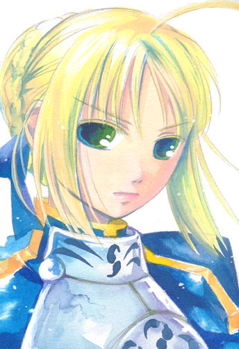 artoria pendragon (fate), saber (fate), fate/stay night, fate (series), 00s, 1girl, ahoge, armor, blonde hair, braid, braided bun, expressionless, female focus, green eyes, hair bun, short hair, simple background, solo, white background