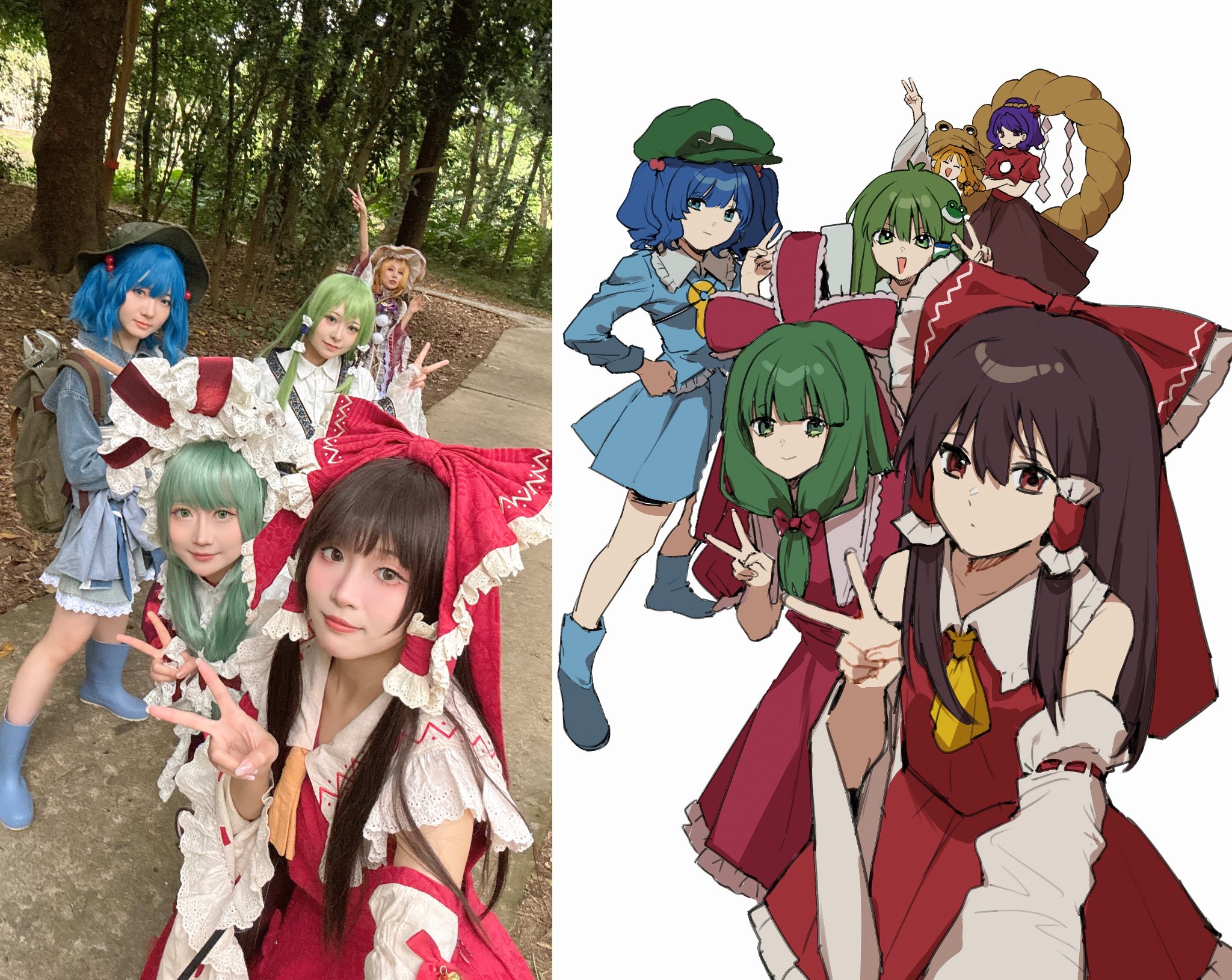 iwakoo, hakurei reimu, kagiyama hina, kawashiro nitori, kochiya sanae, moriya suwako, yasaka kanako, mountain of faith, touhou, cosplay photo, highres, photo (medium), 6+girls, blonde hair, blue eyes, blue hair, brown hair, cosplay, detached sleeves, dress, frilled dress, frills, front ponytail, green bag, green eyes, green hair, green hat, hat, looking at viewer, multiple girls, nontraditional miko, red dress, reference inset, selfie, v, white background