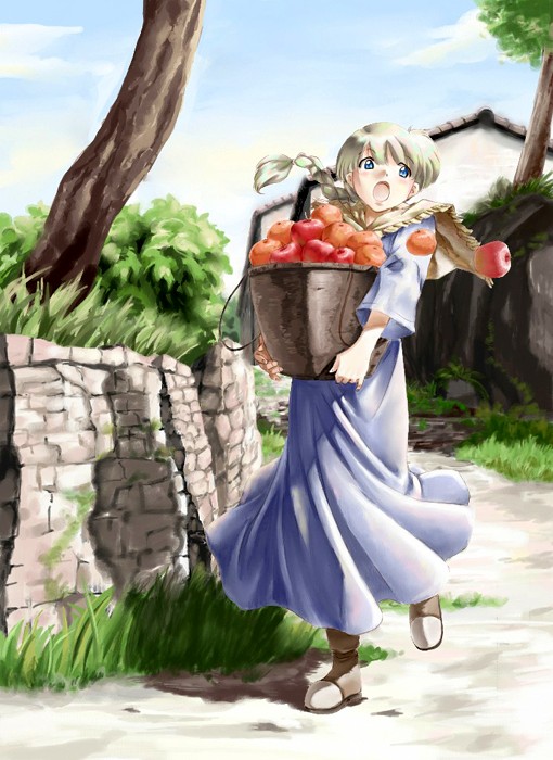 ringo, wall, 1girl, apple, blonde hair, blue eyes, braid, bucket, carrying, female focus, food, fruit, grass, nature, open mouth, skirt, solo, spilling, stone wall, tree
