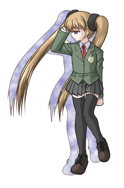 minazuki mahiru, mahoraba, 00s, 1girl, blazer, female focus, full body, jacket, pleated skirt, school uniform, shoes, skirt, solo, thighhighs, twintails