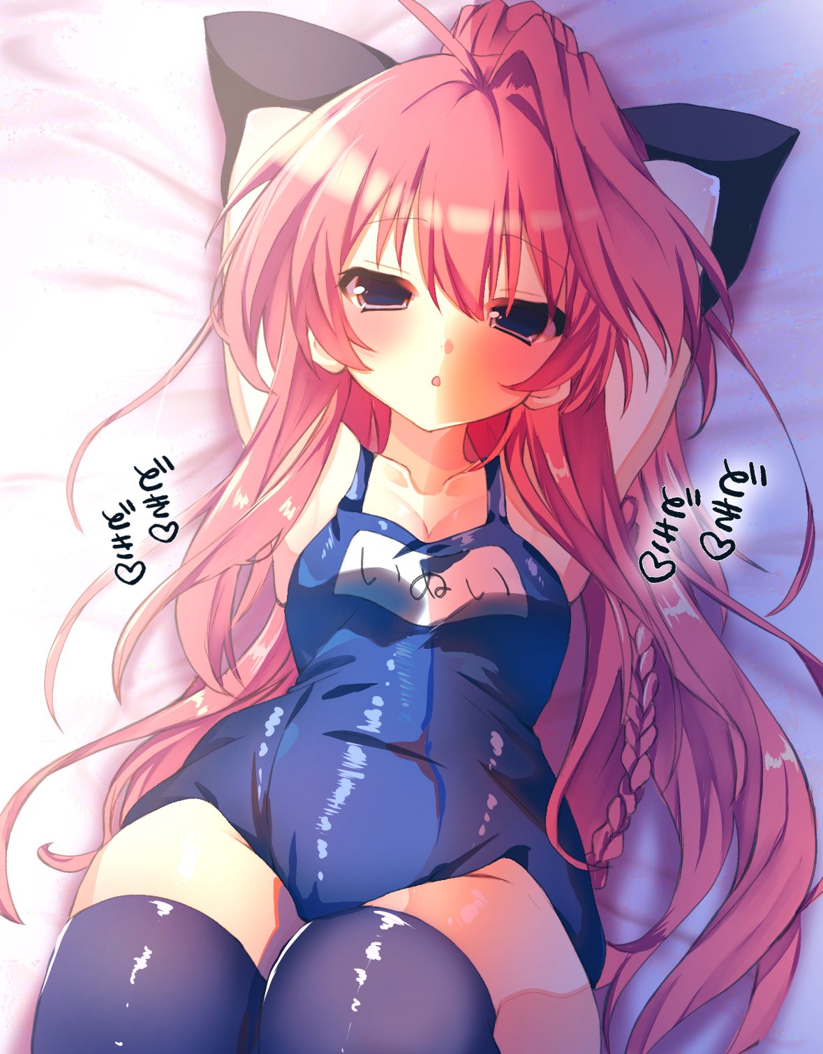inui sana, mashiroiro symphony, commentary, highres, symbol-only commentary, 1girl, :o, ahoge, alternate costume, arms behind head, azumaru a, black bow, black thighhighs, blue eyes, blue one-piece swimsuit, blush, bow, braid, breasts, cleavage, collarbone, cowboy shot, hair between eyes, hair bow, hair spread out, huge bow, long hair, looking at viewer, lying, on back, on bed, one-piece swimsuit, open mouth, red hair, school swimsuit, sidelighting, sidelocks, single braid, single hair intake, small breasts, solo, sound effects, swimsuit, thighhighs, very long hair