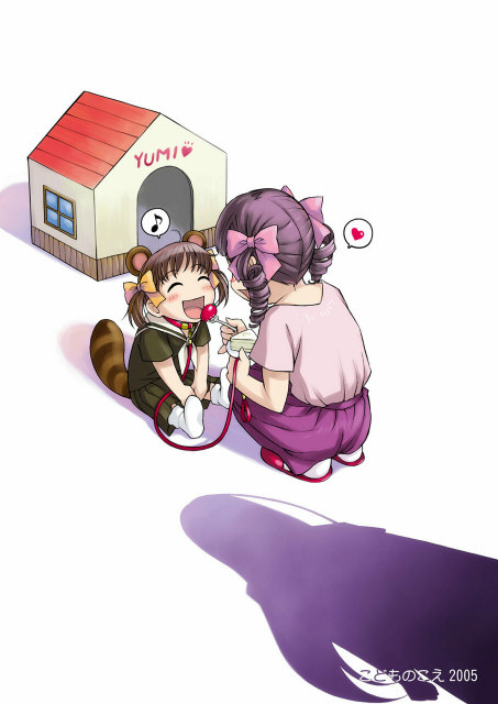 sameha ikuya, fukuzawa yumi, hosokawa kanako, matsudaira touko, maria-sama ga miteru, 00s, 2girls, animal ears, cake, doghouse, feeding, food, heart, multiple girls, pastry, raccoon ears, shadow, spoken heart