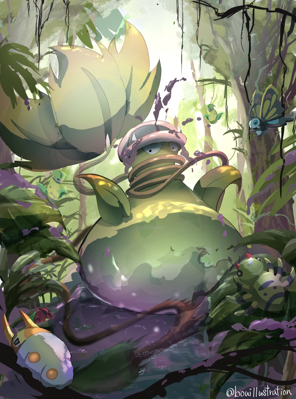 bo (bouillustration), beautifly, grubbin, mega victreebel, spinarak, victreebel, nintendo, pokemon, highres, mixed-language commentary, black eyes, day, fangs, forest, gen 1 pokemon, gen 2 pokemon, gen 3 pokemon, gen 7 pokemon, leaf, motion blur, nature, no humans, outdoors, plant, pokemon (creature), pokemon focus, tree, twitter username, vines, watermark