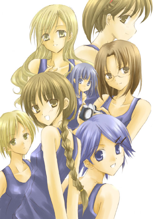 minamiyama sora, fukuzawa yumi, hasekura rei, nijou noriko, shimazu yoshino, takeshima tsutako, toudou shimako, yamaguchi mami, maria-sama ga miteru, 00s, 6+girls, blonde hair, blue eyes, blue hair, braid, brown eyes, brown hair, camera, glasses, long hair, looking back, multiple girls, one-piece swimsuit, ribbon, school swimsuit, short hair, smile, swimsuit, twintails, yellow eyes