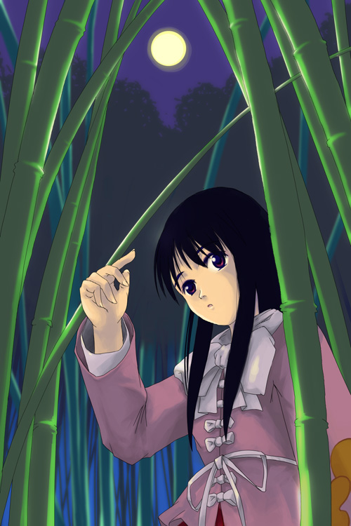 phi lin, houraisan kaguya, touhou, 1girl, bamboo, bamboo forest, black hair, female focus, forest, full moon, moon, nature, night, solo