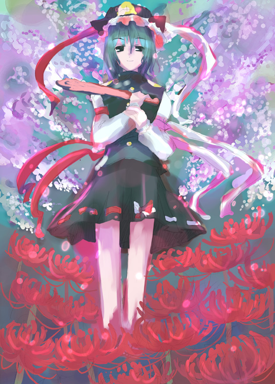 takanashi akihito, shiki eiki, touhou, 1girl, black eyes, female focus, flower, from below, green hair, hand on another's chest, hand on own chest, hat, red flower, ribbon, rod of remorse, short hair, sketch, skirt, solo, spider lily