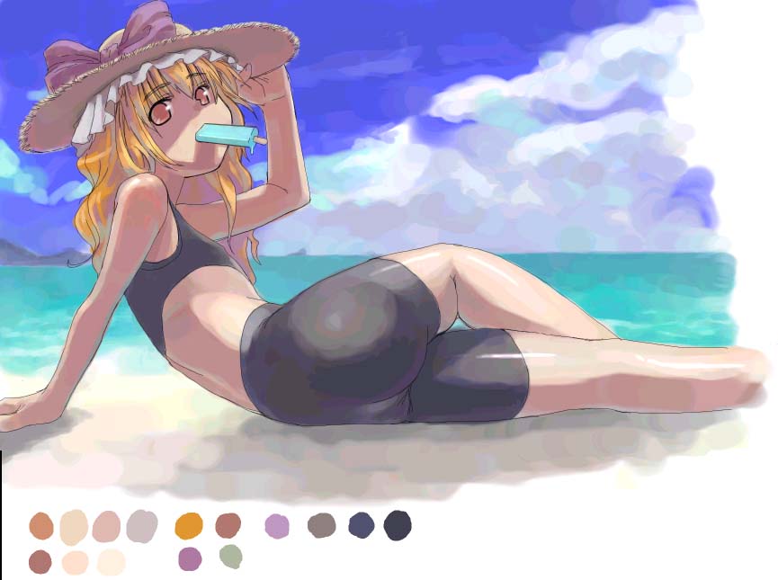 kiseki (kakunetu cat punch), kirisame marisa, touhou, 1girl, ass, beach, bike shorts, bikini, blonde hair, blue sky, cloud, day, female focus, flat chest, food, from behind, hat, looking at viewer, looking back, orange eyes, outdoors, popsicle, sky, solo, straw hat, swimsuit, tank top, yellow eyes