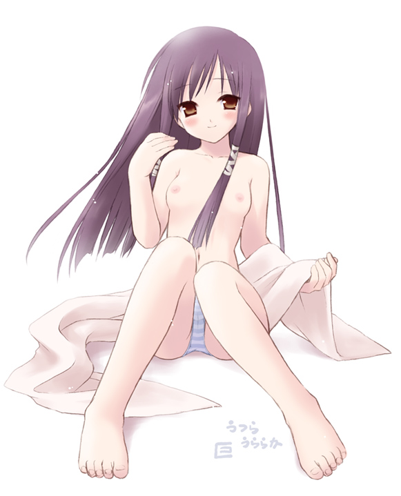 eretto, sera karen, sakura musubi, 1girl, barefoot, blue panties, blush, brown eyes, brown hair, feet, female focus, flat chest, loli, long hair, nipples, panties, sitting, solo, striped clothes, striped panties, topless female, underwear, underwear only