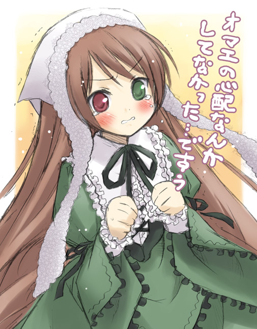 eretto, suiseiseki, rozen maiden, translated, 00s, 1girl, blush, bonnet, bow, dress, female focus, headscarf, heterochromia, lolita fashion, long hair, solo, tears, tsundere, very long hair, white headscarf