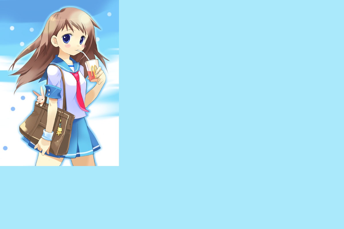 takeda mika, mcdonald's, 1girl, bag, blue eyes, brown hair, drink, female focus, school uniform, serafuku, skirt, solo