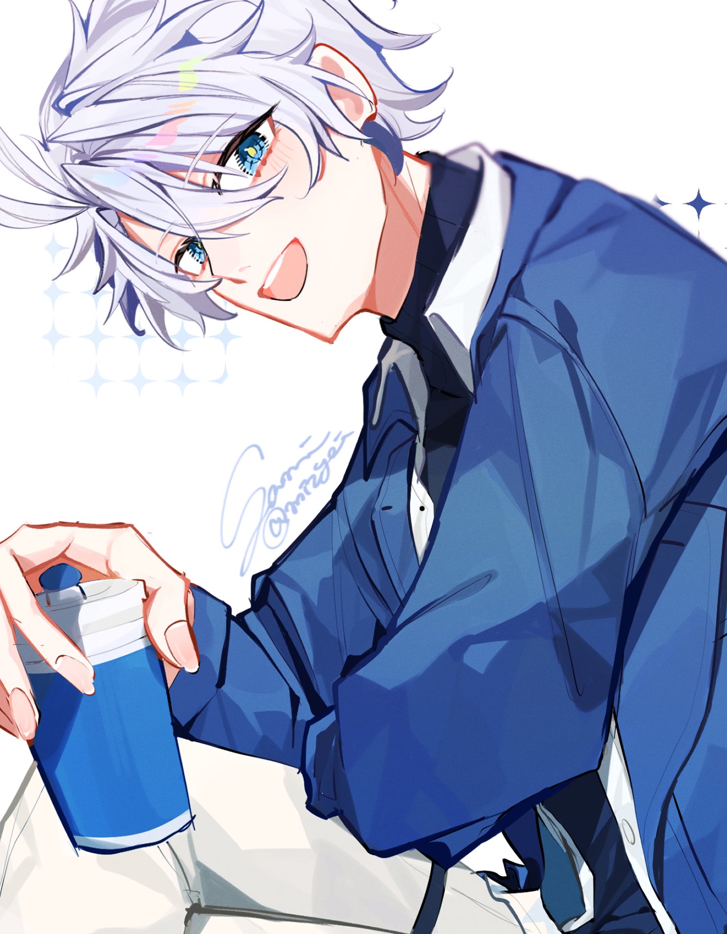 nyayou amanatto, phainon (honkai: star rail), honkai: star rail, honkai (series), highres, 1boy, antenna hair, black shirt, blue coat, blue eyes, coat, cup, grey hair, hair between eyes, holding, holding cup, looking at viewer, male focus, official alternate costume, open clothes, open coat, open mouth, pants, parted bangs, phainon (luckin coffee) (honkai: star rail), shirt, short hair, signature, sitting, smile, solo, teeth, upper teeth only, white background, white pants, yellow pupils