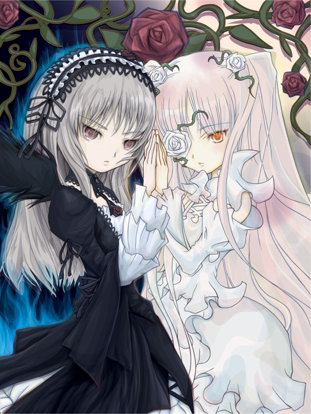 saiguchi otoufu, kirakishou, suigintou, rozen maiden, silver hair, 00s, 2girls, black dress, dress, flower, flower eyepatch, flower over eye, frills, gathers, goth fashion, gothic lolita, hairband, lace, lolita fashion, multiple girls, orange eyes, pink hair, plant, purple eyes, red flower, red rose, rose, vines, white dress, white flower, white rose