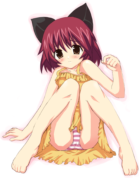 date (senpen), kousaka tamaki, to heart (series), to heart 2, 00s, 1girl, aged down, arm support, barefoot, blush, bow, brown eyes, cameltoe, chibi, dress, feet, female focus, hair bow, loli, panties, pantyshot, purple panties, red hair, sitting, solo, striped clothes, striped panties, underwear
