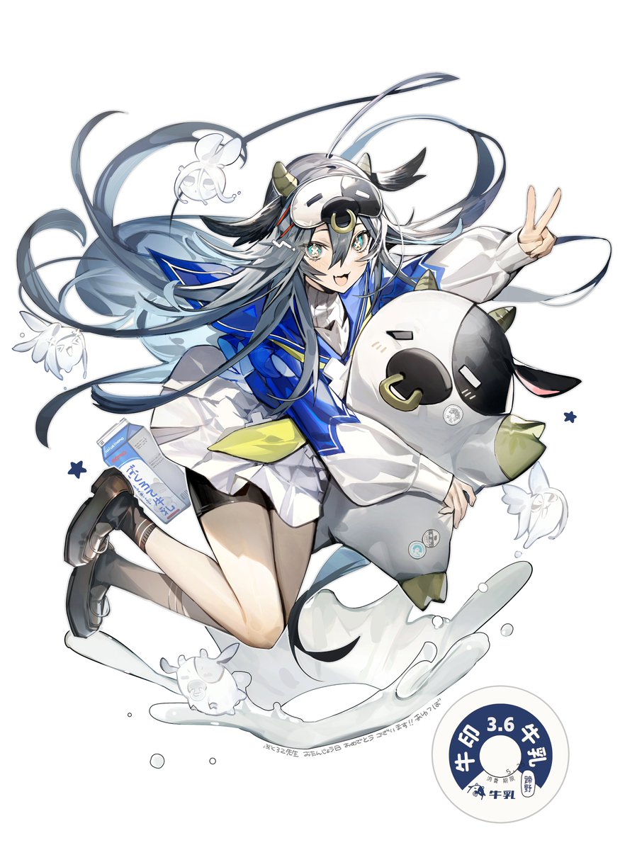 mayutsuba mono, original, highres, 1girl, :3, black shoes, black shorts, black socks, blue eyes, blue sailor collar, blush, cow horns, grey hair, hair between eyes, hair ornament, hand up, horns, jumping, long hair, long sleeves, looking at viewer, open mouth, sailor collar, shoes, shorts, skirt, socks, solo, sweater, turtleneck, turtleneck sweater, v, white skirt, white sweater