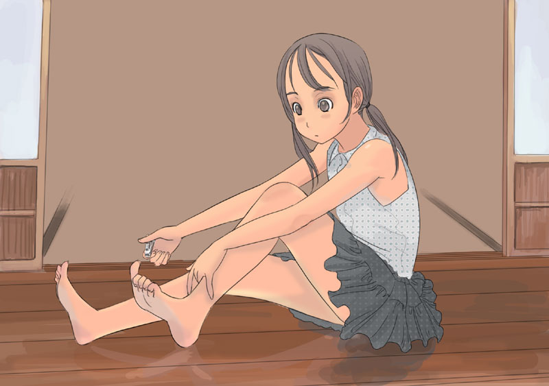kiriman (souldeep), original, toe-point, 1girl, applying pedicure, bare shoulders, barefoot, feet, female focus, legs, low twintails, nail clippers, on floor, sitting, skirt, sleeveless, soles, solo, toe scrunch, toes, twintails, wooden floor