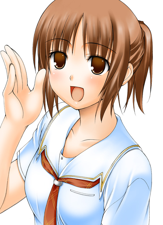 ribucci, sakino asuka, kimi kiss, 1girl, brown eyes, brown hair, female focus, ponytail, school uniform, serafuku, simple background, smile, solo, white background
