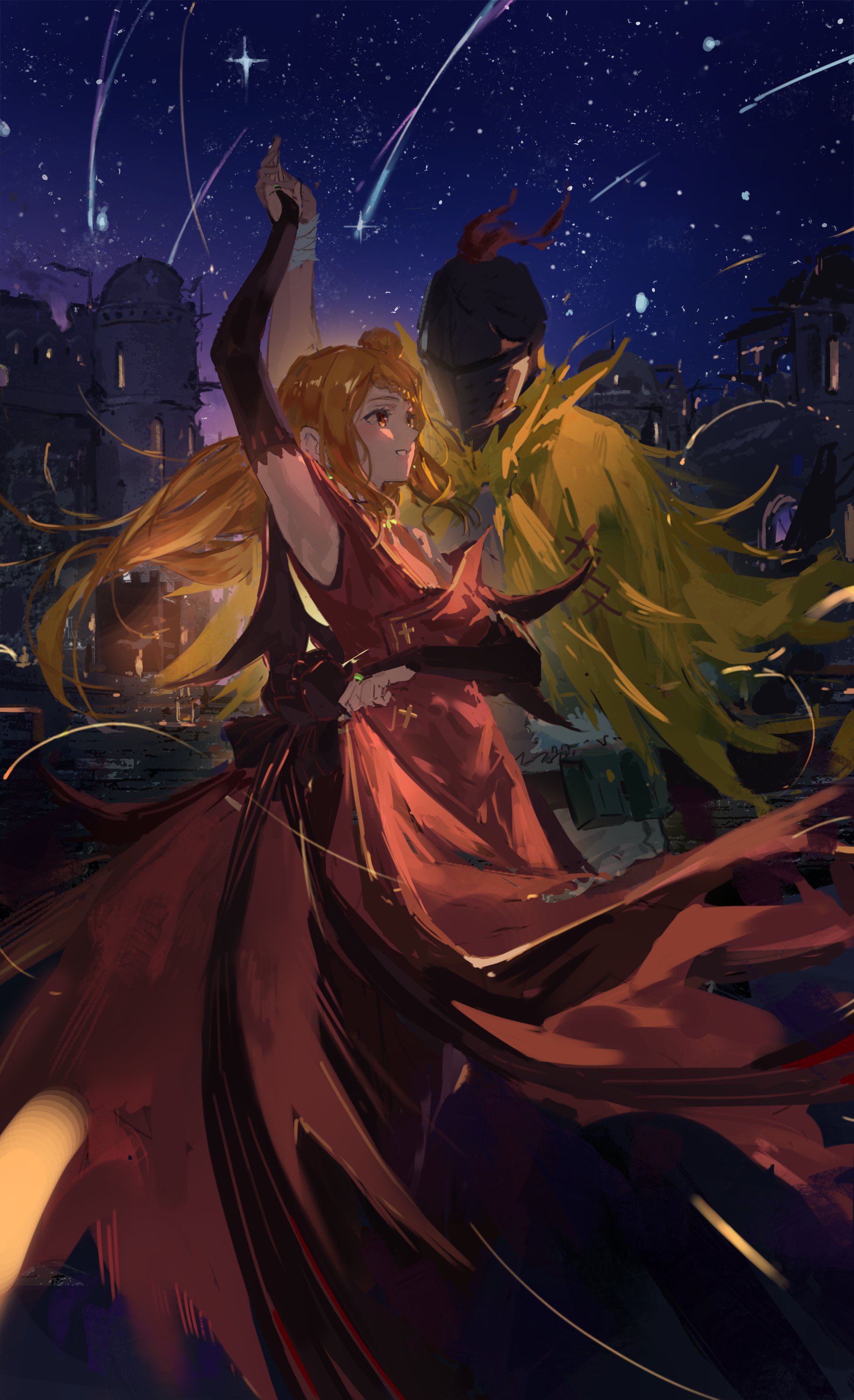 ro ka ro ka, aldebaran (re:zero), priscilla barielle, re:zero kara hajimeru isekai seikatsu, absurdres, highres, 1boy, 1girl, blonde hair, building, cape, city, couple, dancing, detached sleeves, dress, helmet, holding hands, long hair, night, night sky, plume, red dress, shooting star, sky, yellow cape