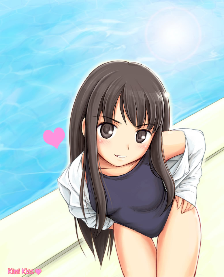 ryp, futami eriko, kimi kiss, 1girl, black eyes, black hair, black one-piece swimsuit, blush, female focus, from above, heart, lens flare, long hair, looking at viewer, one-piece swimsuit, poolside, school swimsuit, solo, swimsuit, water