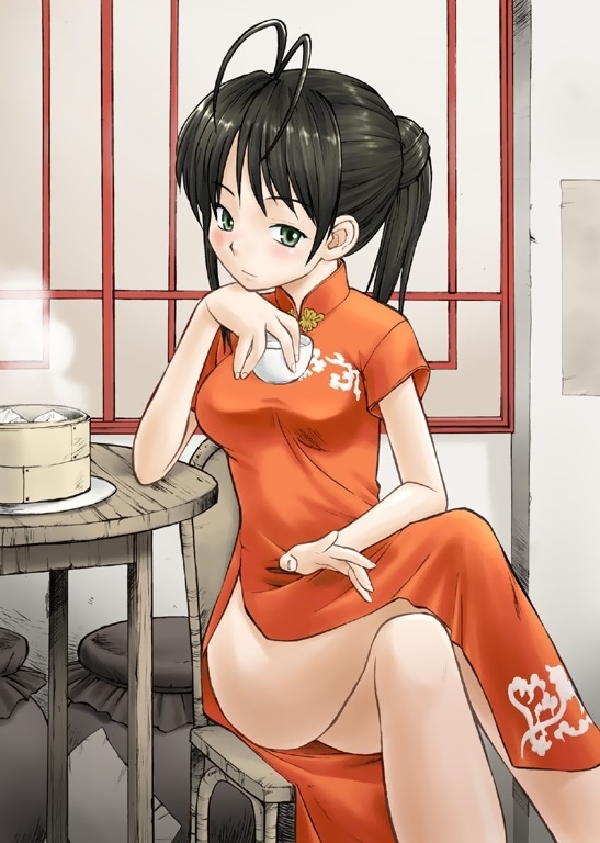 hinemosu notari, xianghua (hinemosu notari), kangei kouka hanten, 1girl, antenna hair, bamboo steamer, black hair, china dress, chinese clothes, dress, female focus, green eyes, no panties, short hair, side slit, sitting, solo