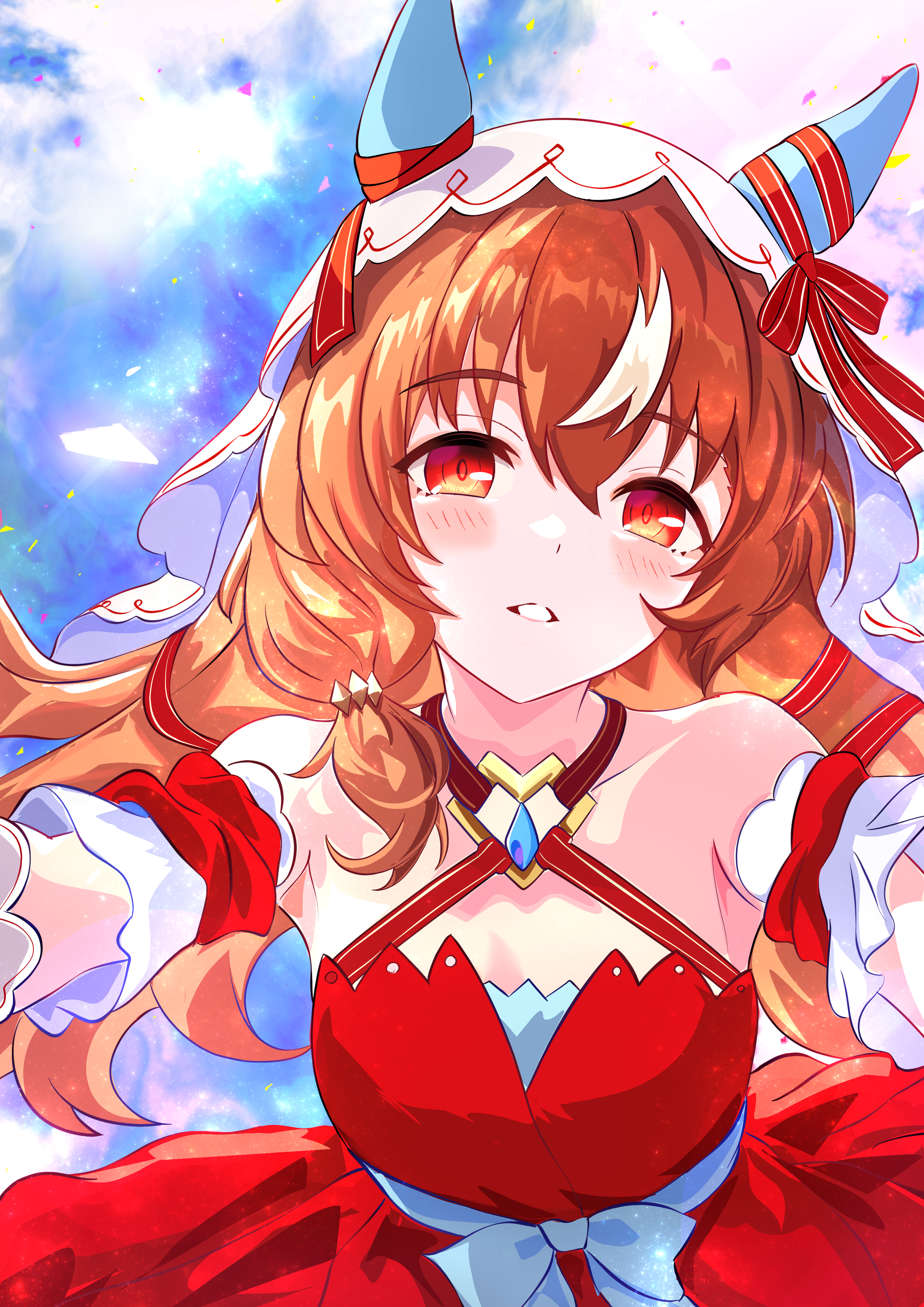 kanon (user rrhr4244), still in love (umamusume), umamusume, absurdres, highres, 1girl, animal ears, bare shoulders, blush, brown hair, detached sleeves, dress, hair between eyes, horse ears, horse girl, light smile, long hair, parted lips, reaching, reaching towards viewer, red dress, red eyes, sidelocks, solo, veil, white veil