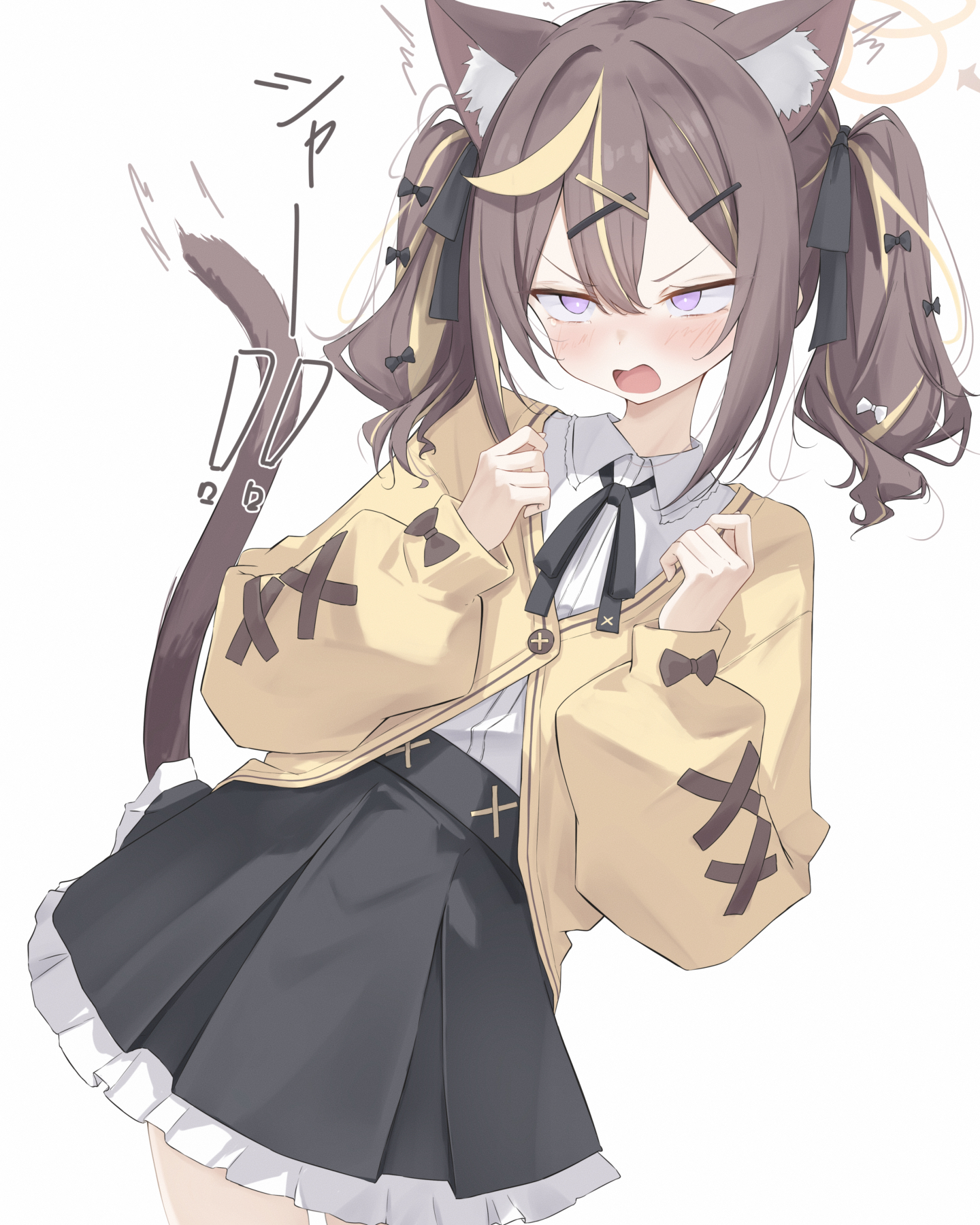 haamon (harmon), rena (blue archive), blue archive, commentary, highres, !, !!, 1girl, animal ear fluff, animal ears, black bow, black ribbon, black skirt, blonde hair, blush, bow, brown hair, cardigan, cat ears, cat girl, cat tail, frilled skirt, frills, hair bow, halo, long sleeves, miniskirt, multiple hair bows, neck ribbon, open mouth, pleated skirt, puffy long sleeves, puffy sleeves, purple eyes, ribbon, shirt, simple background, skirt, solo, tail, twintails, white background, white shirt, yellow cardigan, yellow halo