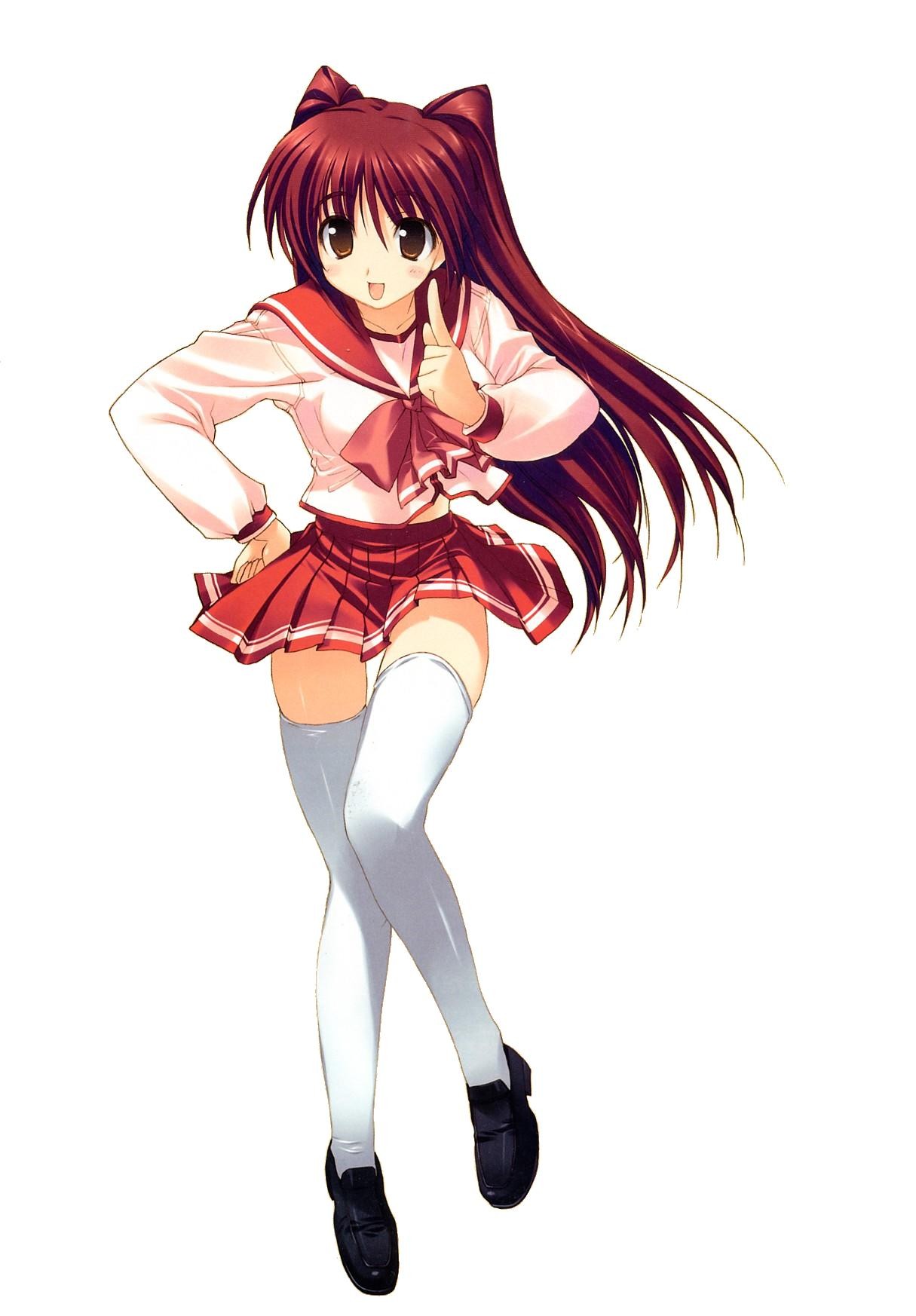 amazuyu tatsuki, kousaka tamaki, to heart (series), to heart 2, highres, 00s, 1girl, black shoes, brown eyes, female focus, full body, long hair, miniskirt, pleated skirt, red hair, school uniform, serafuku, shoes, simple background, skirt, solo, thighhighs, white background, white thighhighs, zettai ryouiki