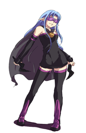 medea (caster) (fate), medea (fate), medusa (fate), medusa (rider) (fate), fate/stay night, fate (series), lowres, 1girl, black thighhighs, blindfold, blue hair, cape, cosplay, detached sleeves, dress, female focus, medusa (rider) (fate) (cosplay), pointy ears, simple background, solo, strapless, strapless dress, thighhighs, zettai ryouiki