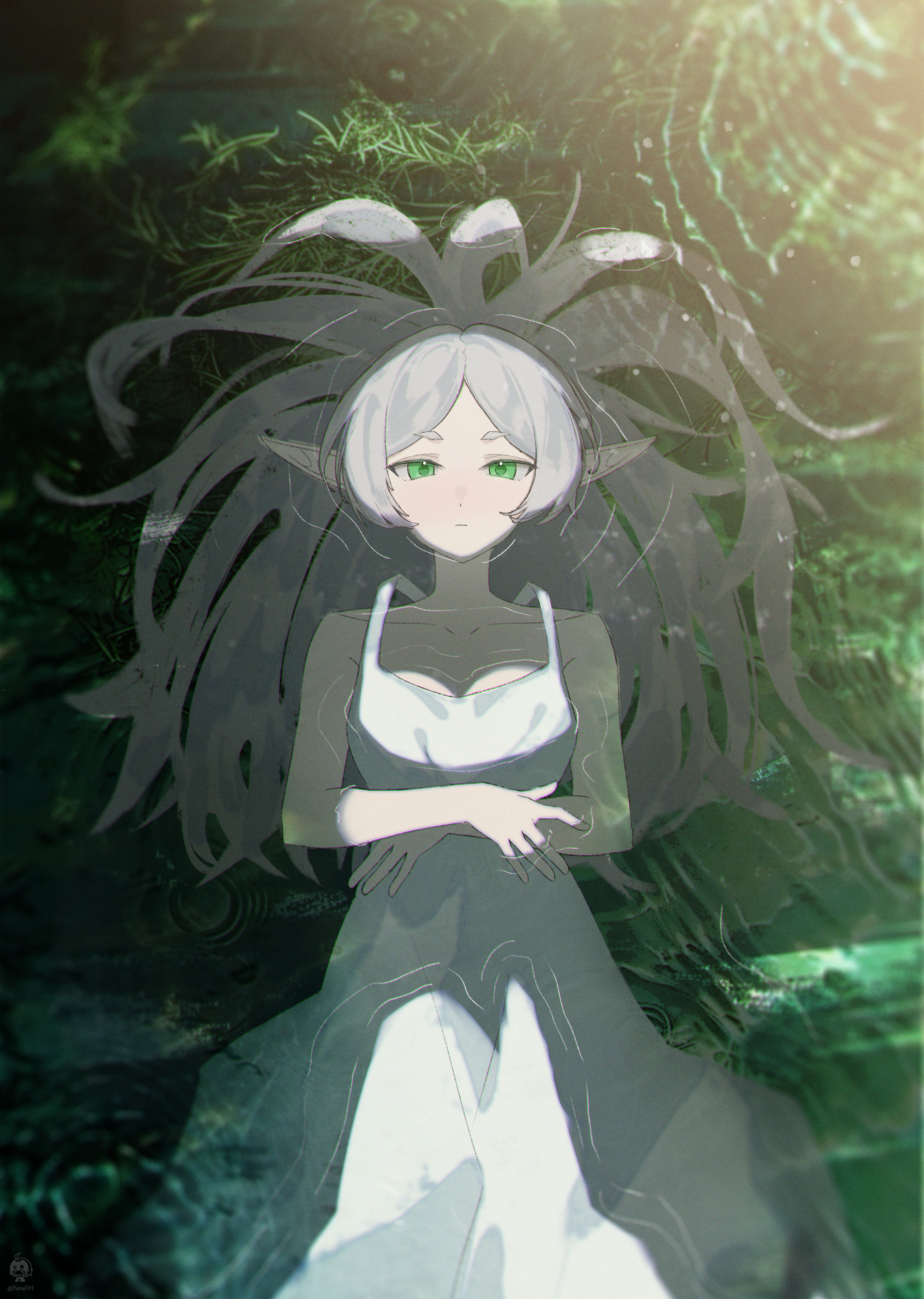 yoruhh, frieren, sousou no frieren, absurdres, highres, 1girl, bare arms, bare shoulders, breasts, cleavage, closed mouth, double-parted bangs, dress, elf, green eyes, hair down, long hair, lying, on back, partially submerged, pointy ears, pond, sleeveless, sleeveless dress, solo, white dress