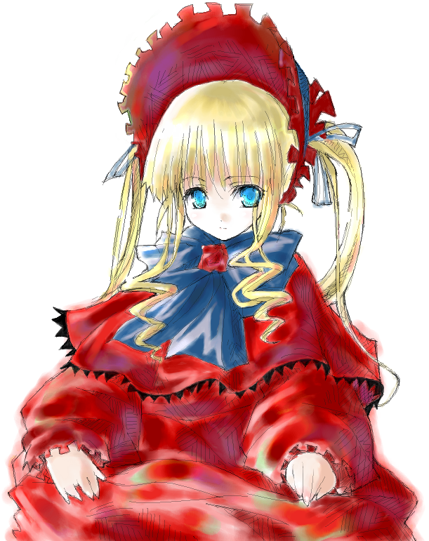 shinku, rozen maiden, 00s, 1girl, bad anatomy, bad hands, blonde hair, blue eyes, female focus, poorly drawn, simple background, solo, white background