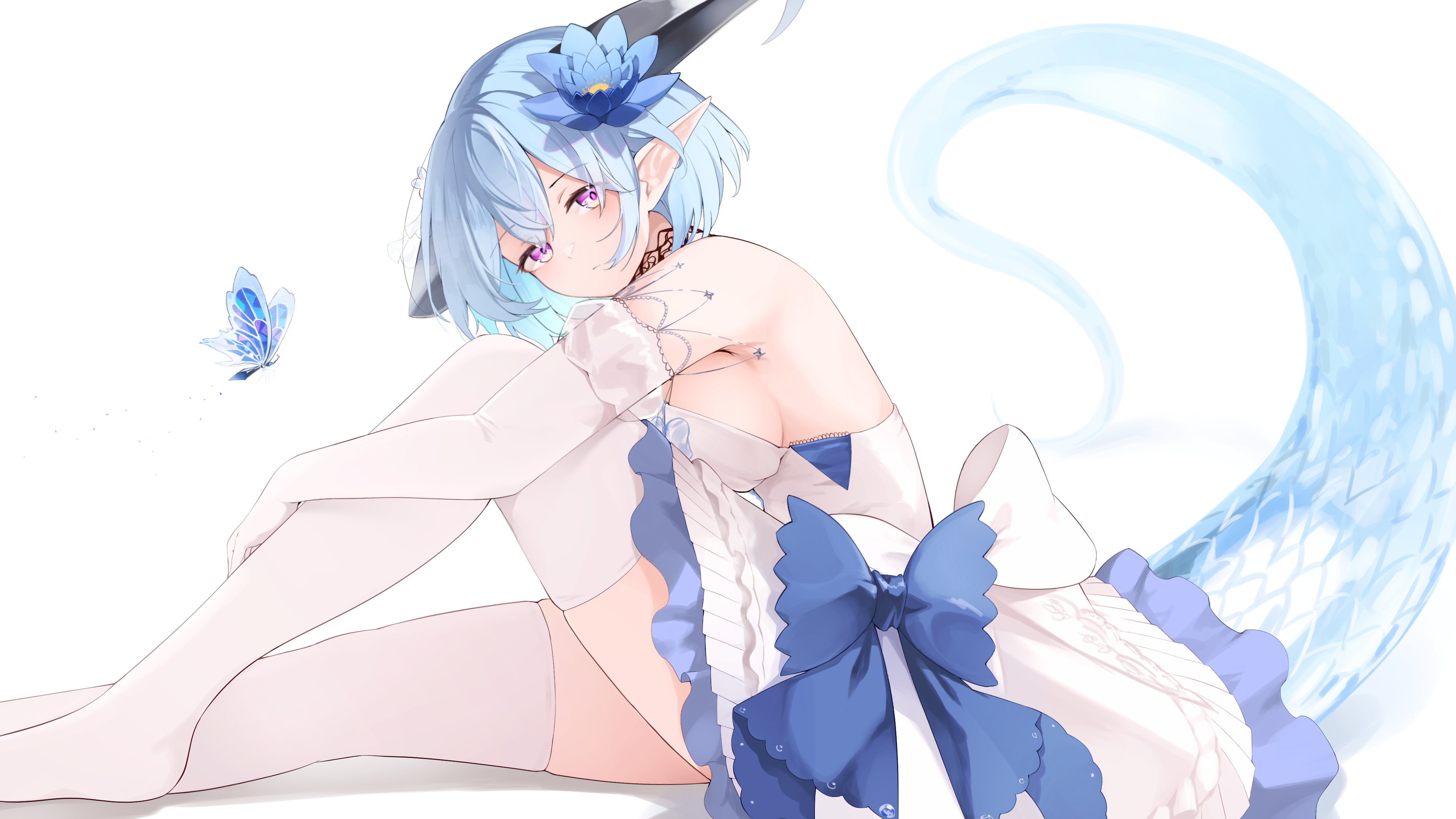 ichien ekaki, filene (shadowverse), shadowverse, shadowverse: worlds beyond, absurdres, commission, highres, pixiv commission, 1girl, alternate costume, bare shoulders, blue butterfly, blue flower, blue hair, breasts, bug, butterfly, crystal tail, dragon girl, dragon horns, dragon tail, dress, flower, hair between eyes, hair flower, hair ornament, horns, insect, looking at viewer, pointy ears, purple eyes, short hair, solo, tail, white dress