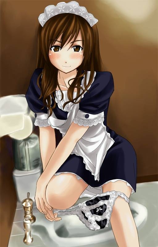 jpeg artifacts, 1girl, black panties, female focus, frilled panties, frills, lace, lace-trimmed panties, lace trim, maid, panties, panty pull, solo, toilet, toilet use, trash can, underwear