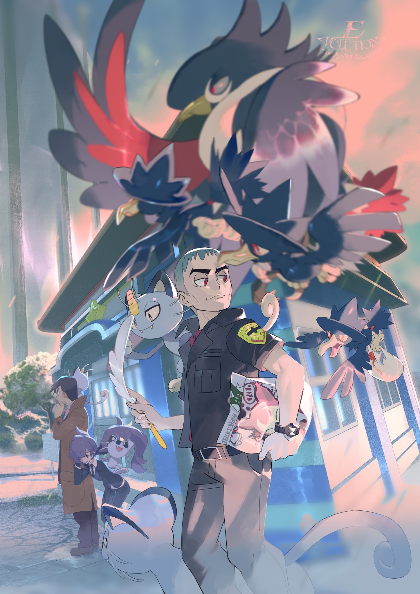e volution, alolan meowth, alolan persian, anabel (pokemon), honchkrow, looker (pokemon), murkrow, nanu (pokemon), nintendo, pokemon, pokemon sm, highres, 1girl, 2boys, alolan form, belt, black belt, black gloves, black jacket, black pants, blurry, brown coat, building, cat teaser, closed mouth, coat, formal clothes, gen 2 pokemon, gen 4 pokemon, gen 7 pokemon, gloves, grey hair, jacket, looking back, multiple boys, outdoors, pants, pokemon on back, red eyes, short hair, short sleeves, squatting, suit, watermark, z-ring