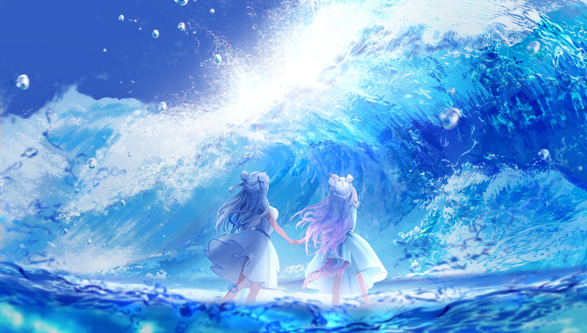 makoron117117, original, commentary request, highres, 2girls, blue hair, blue sky, day, double bun, dress, hair bun, long hair, multiple girls, ocean, outdoors, scenery, sky, standing, summer, water, waving