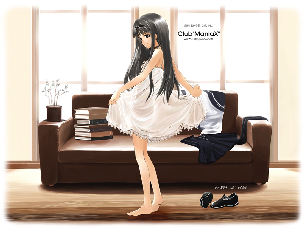 aida yuu, angelica (gunslinger girl), club maniax, gunslinger girl, 00s, 1girl, barefoot, black eyes, black hair, book, book stack, couch, female focus, long hair, nightgown, plant, potted plant, school uniform, see-through clothes, serafuku, shoes, smile, solo, undressing, unworn shoes, window