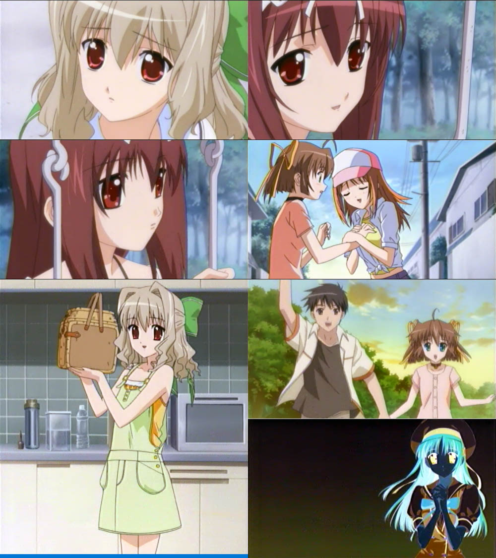 aisia, amakase miharu, asakura jun'ichi, asakura nemu, sagisawa misaki, shirakawa kotori, da capo, da capo i, anime screenshot, 00s, 1boy, 4girls, ahoge, bag, beret, bow, collage, collar, dress, hair bow, hair ribbon, hand on another's chest, hat, holding hands, interlocked fingers, kitchen, looking at viewer, multiple girls, on swing, outdoors, red eyes, ribbon, running, swing