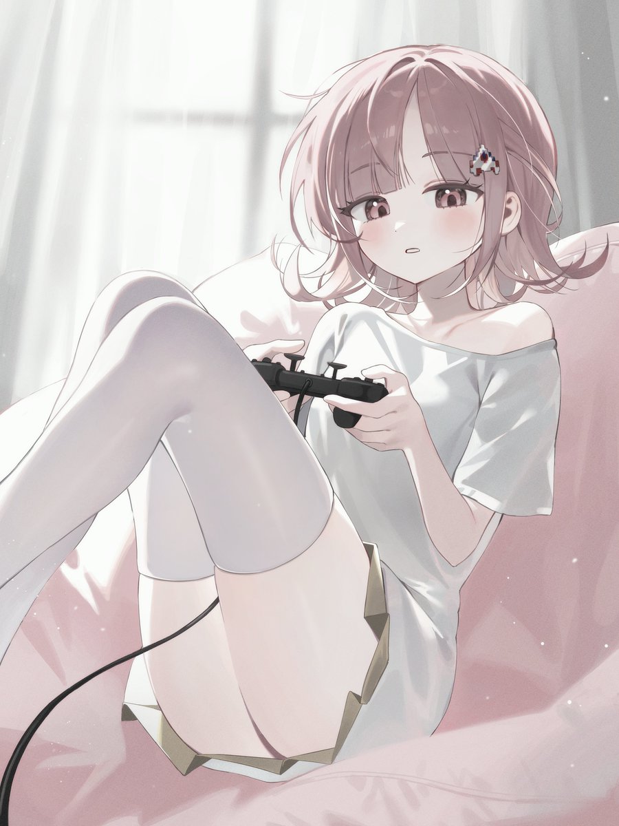 chama (chacoc0), nanami chiaki, danganronpa (series), danganronpa 2: goodbye despair, highres, 1girl, ass, breasts, brown hair, flipped hair, hair ornament, looking at viewer, medium hair, pink eyes, shirt, solo, thighhighs, white shirt, white thighhighs