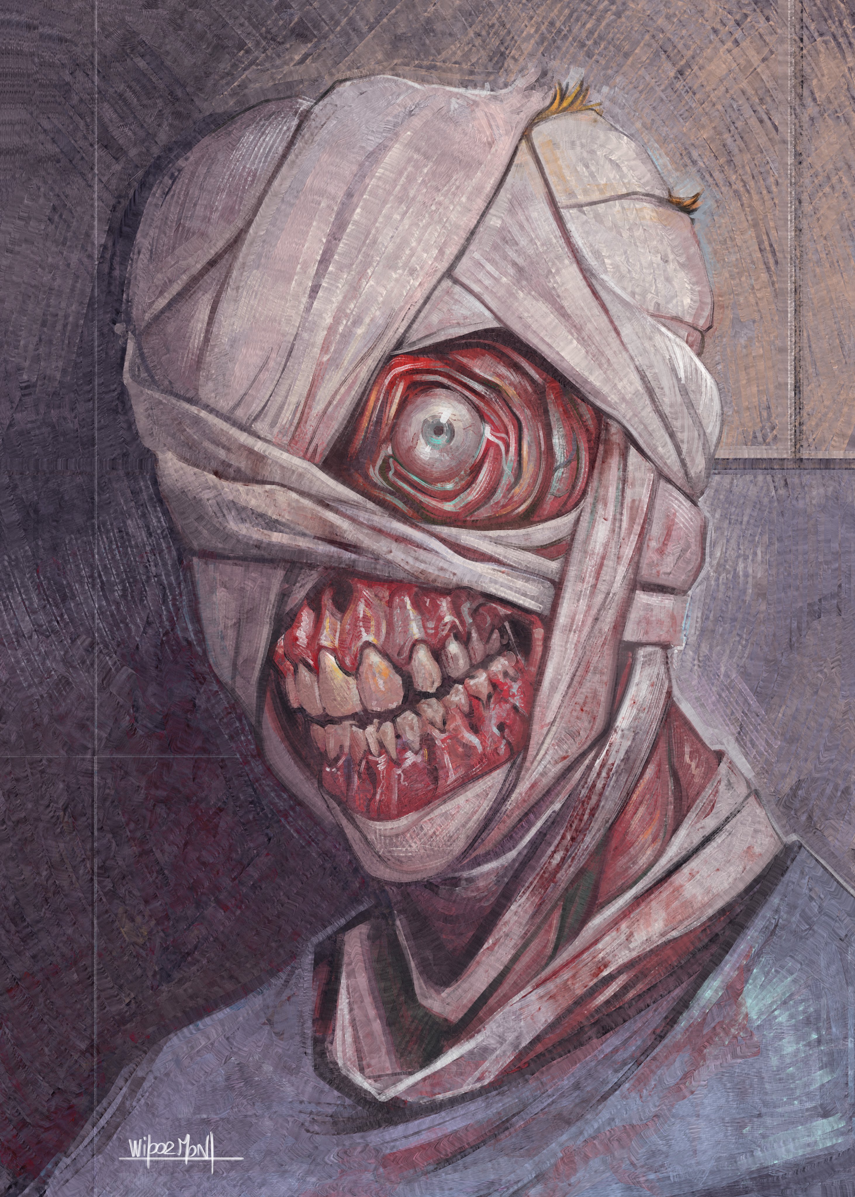 curly (mouthwashing), curly (post-crash) (mouthwashing), mouthwashing, absurdres, commentary, english commentary, highres, 1boy, bandaged head, bandages, blonde hair, blue eyes, blue shirt, body horror, burn scar, exposed bone, exposed muscle, eyeball, looking at viewer, male focus, one eye covered, portrait, scar, shirt, skinned, teeth, tile wall, tiles, wide-eyed, wipormont