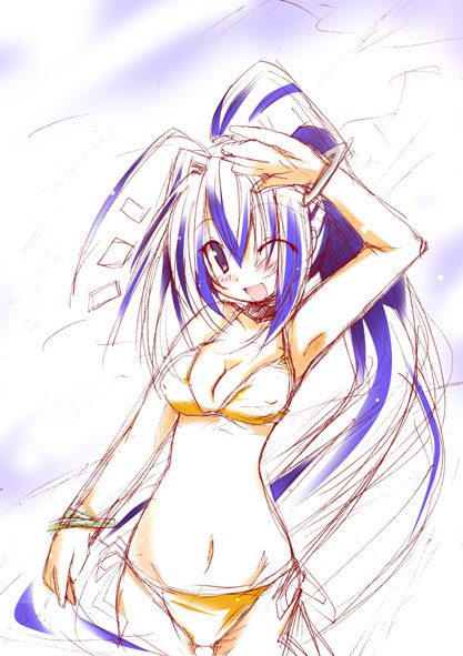 shirogane (platinum), hayase mitsuki, kimi ga nozomu eien, 00s, bikini, blue eyes, blue hair, long hair, ponytail, solo, swimsuit