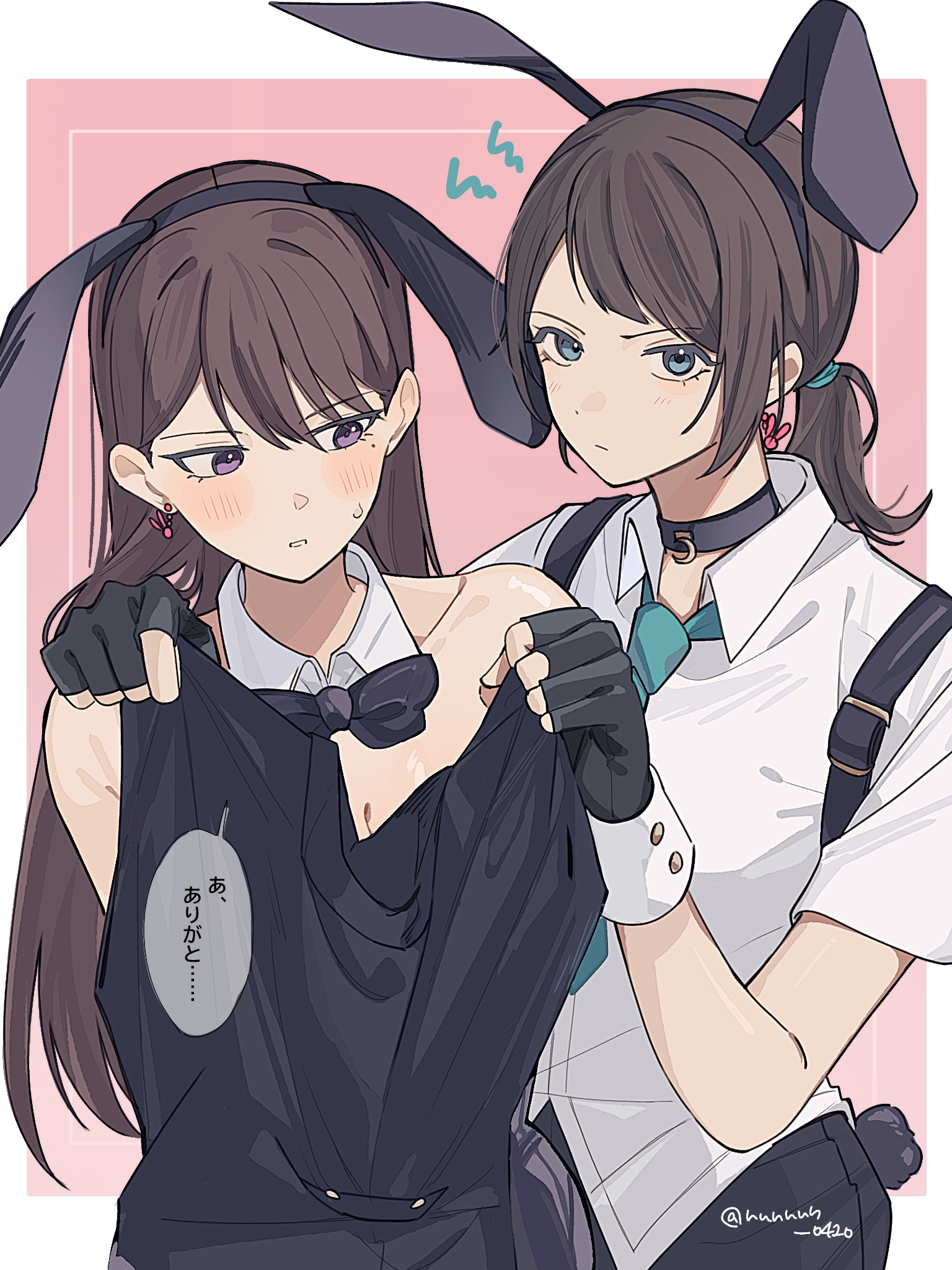 nanami (nunnun 0410), shiina taki, yahata umiri, bang dream!, bang dream! it's mygo!!!!!, commentary request, highres, 2017, 2girls, animal ears, black choker, black gloves, black hair, blue eyes, blush, breasts, brown hair, choker, cleavage, earrings, fake animal ears, fingerless gloves, gloves, jewelry, long hair, low ponytail, multiple girls, open mouth, ponytail, purple eyes, rabbit ears, shirt, suspenders, sweatdrop, white shirt