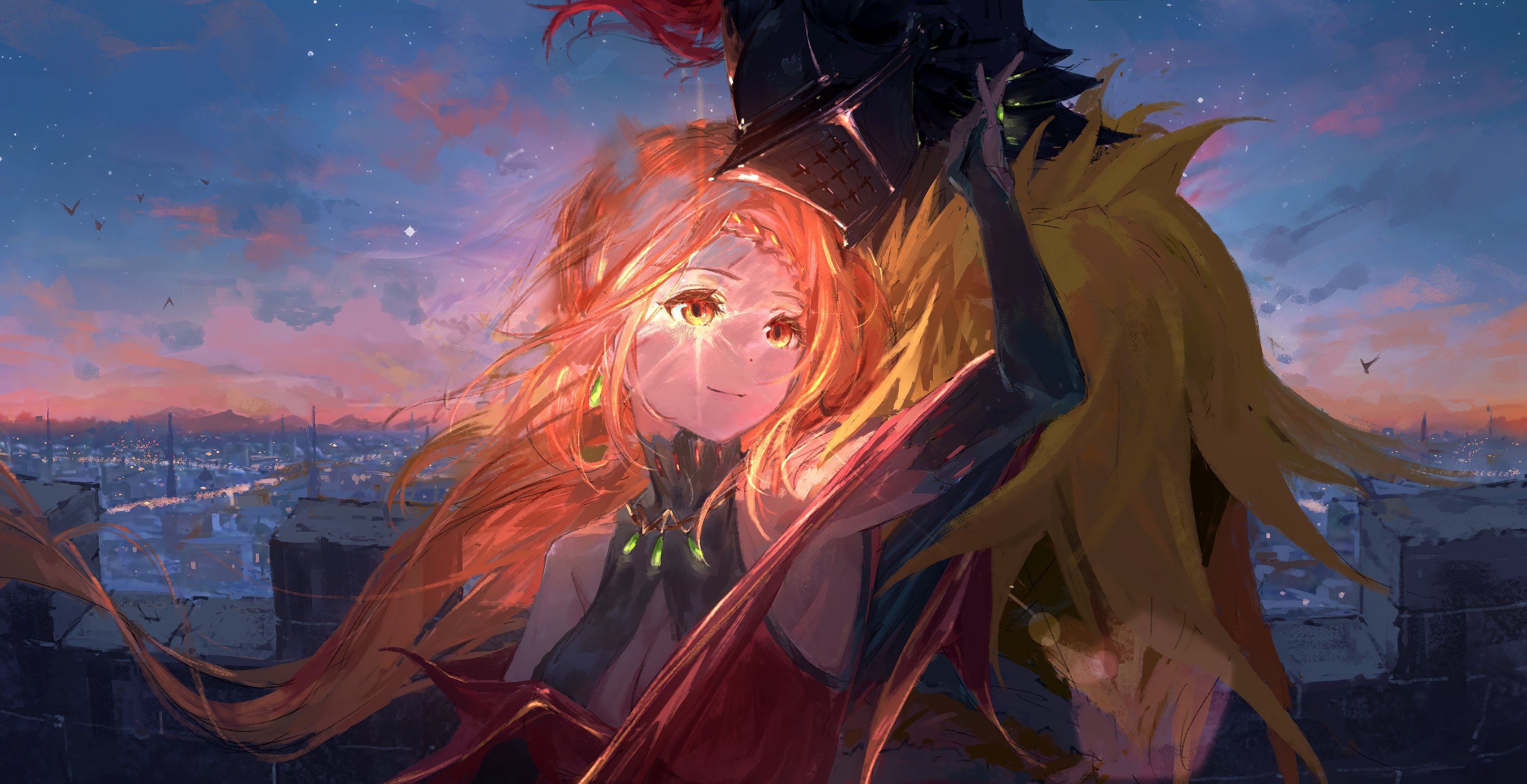 ro ka ro ka, aldebaran (re:zero), priscilla barielle, re:zero kara hajimeru isekai seikatsu, highres, 1boy, 1girl, blonde hair, blue sky, cape, cityscape, close-up, closed mouth, detached sleeves, dress, earrings, glowing, glowing eyes, helmet, jewelry, long hair, necklace, orange eyes, plume, red dress, reflection, single earring, sky, smile, star (sky), sunset, tears, yellow cape